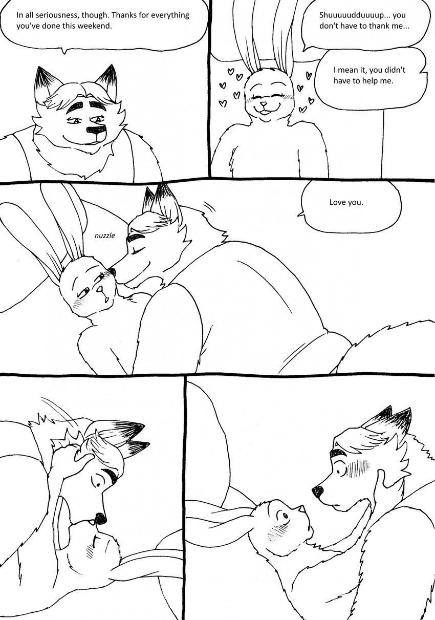 anthro bed biped blush confession dialogue duo eye_contact eyes_closed furniture heart_symbol hug kissing looking_at_another lying male male/male nuzzling romantic romantic_confession romantic_couple slightly_chubby surprised_expression text bernielover disney zootopia fan_character gideon_grey nate_hopps canid canine fox lagomorph leporid mammal rabbit red_fox true_fox 2023 comic english_text hi_res monochrome