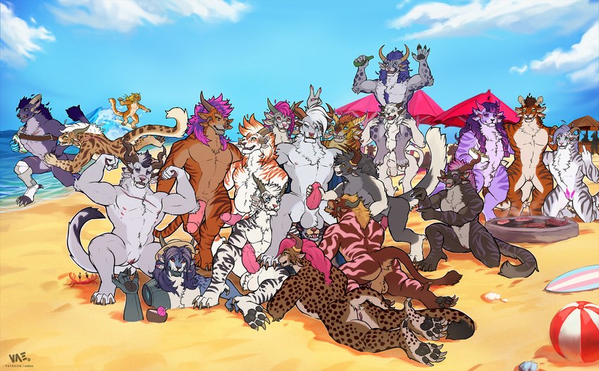 4_ears 4_horns animal_genitalia anthro balls beach biped black_body black_fur blonde_hair blue_hair brown_body brown_fur bulge cybernetic_arm cybernetic_limb erection facial_piercing female female_anthro flat_chested flexing flexing_bicep flexing_both_biceps fully_sheathed fur genitals grey_body grey_fur group hair horn humanoid_genitalia humanoid_penis lying male male_anthro markings multi_ear multi_horn multicolored_body multicolored_fur muscular muscular_anthro muscular_female muscular_male nipples nose_piercing nose_ring nude nude_anthro nude_female nude_male on_front outside penis piercing pink_body pink_fur pink_hair purple_body purple_fur pussy ring_piercing running seaside sheath spots spotted_body spotted_fur striped_body striped_fur stripes surfing white_body white_fur vateo guild_wars milo_goldenheart vae_(character) charr felid mammal 2024 digital_media_(artwork) hi_res