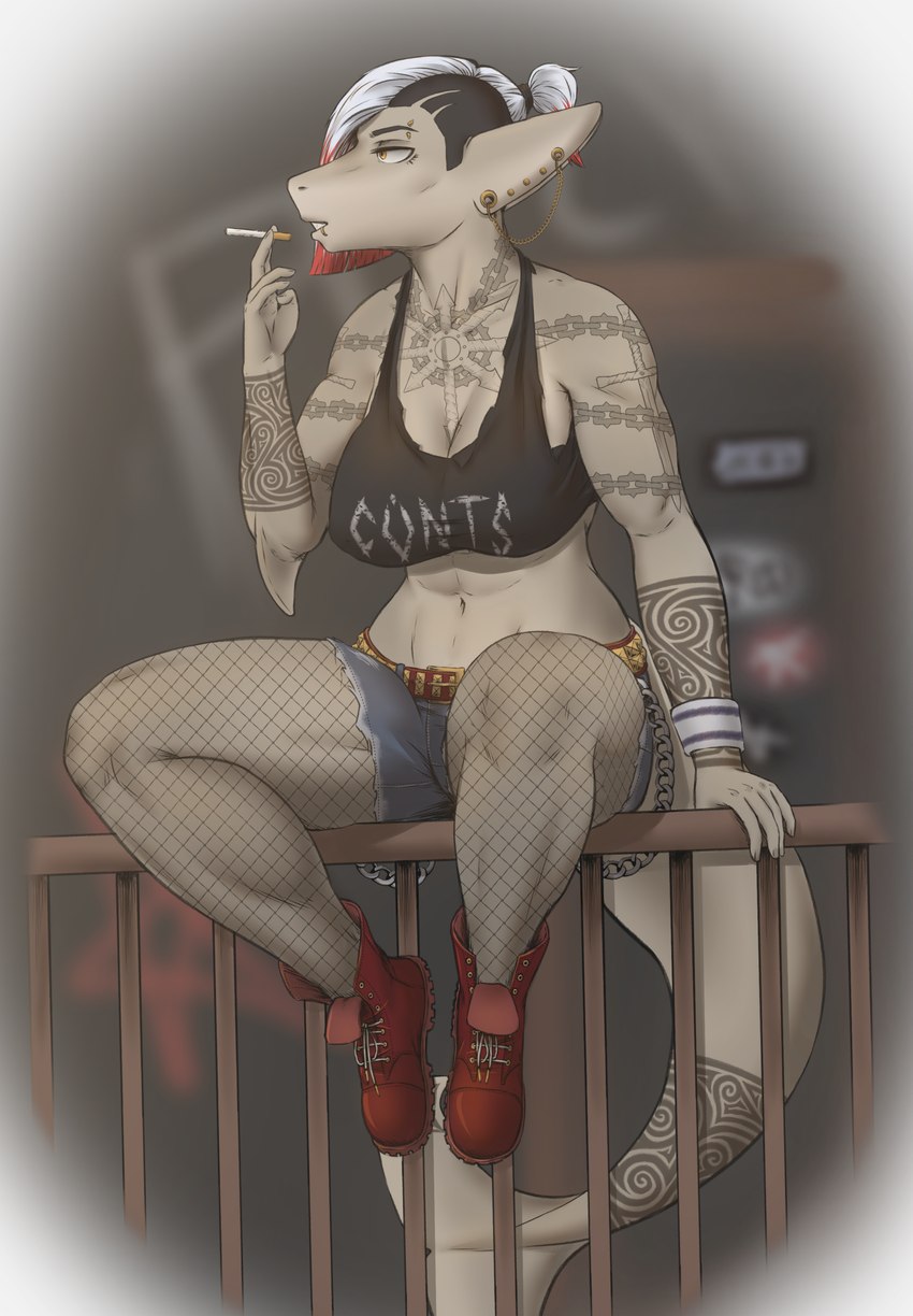 abs anthro arm_tattoo athletic athletic_female breasts chest_tattoo clothed clothing female grey_body hair mohawk multicolored_hair non-mammal_breasts piercing smoking solo tattoo torfur sigil_(torfur) fish marine shark hi_res