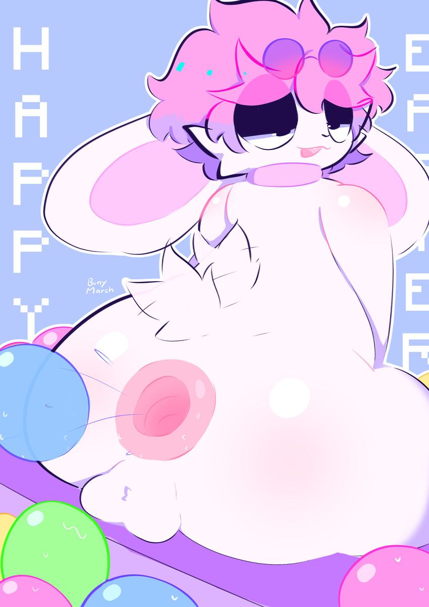 anal anal_penetration anthro anthro_penetrated anus backsack balls big_butt blush bodily_fluids bubble_butt butt easter_egg egg egg_from_ass eyewear femboy fur gaping gaping_anus genitals hair holidays huge_butt looking_pleasured male male_oviposition narrowed_eyes nude open_mouth oviposition penetration pink_body pink_fur rear_view simple_background sitting smile solo stretched_anus stretching sunglasses tail tail_motion tail_tuft tailwag text thick_thighs tongue tuft white_body white_fur wide_hips bunymarch42 easter easter_bunny fritz_(winteriris42) lagomorph leporid mammal rabbit absurd_res digital_media_(artwork) english_text hi_res
