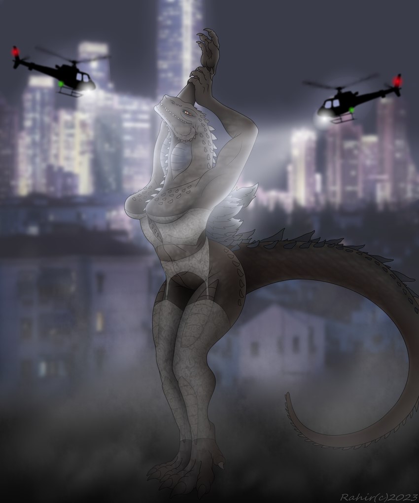 aircraft anthro breasts city cityscape clothing featureless_breasts female helicopter legwear lingerie macro night nude pose searchlight solo stockings tail underwear vehicle rahir godzilla_(series) mythology toho godzilla zilla dragon kaiju mythological_creature mythological_scalie reptile scalie 2023 5:6 digital_media_(artwork) hi_res