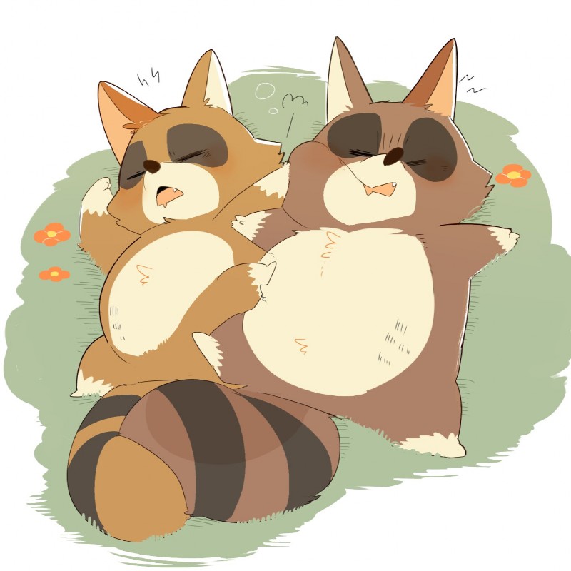 anthro belly duo male sleeping slightly_chubby hyaku_(artist) bono_bono araiguma papa_araiguma_(bonobono) mammal procyonid raccoon 1:1 2018 hi_res