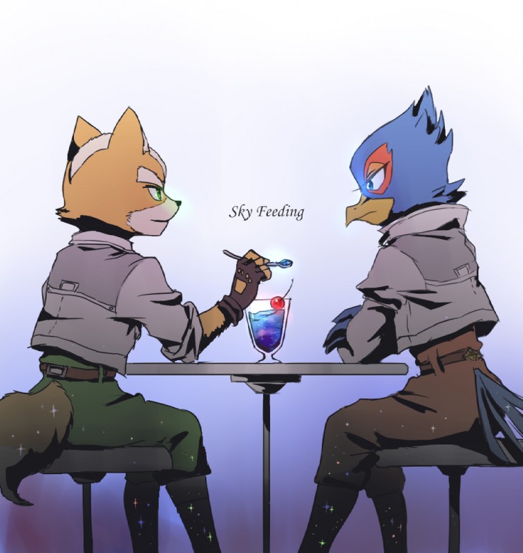 anthro belt black_nose blue_eyes brown_body brown_fur butt clothing duo fur furniture green_eyes male sitting smile table text s_mino930 nintendo star_fox falco_lombardi fox_mccloud avian bird canid canine fox mammal 2017 english_text