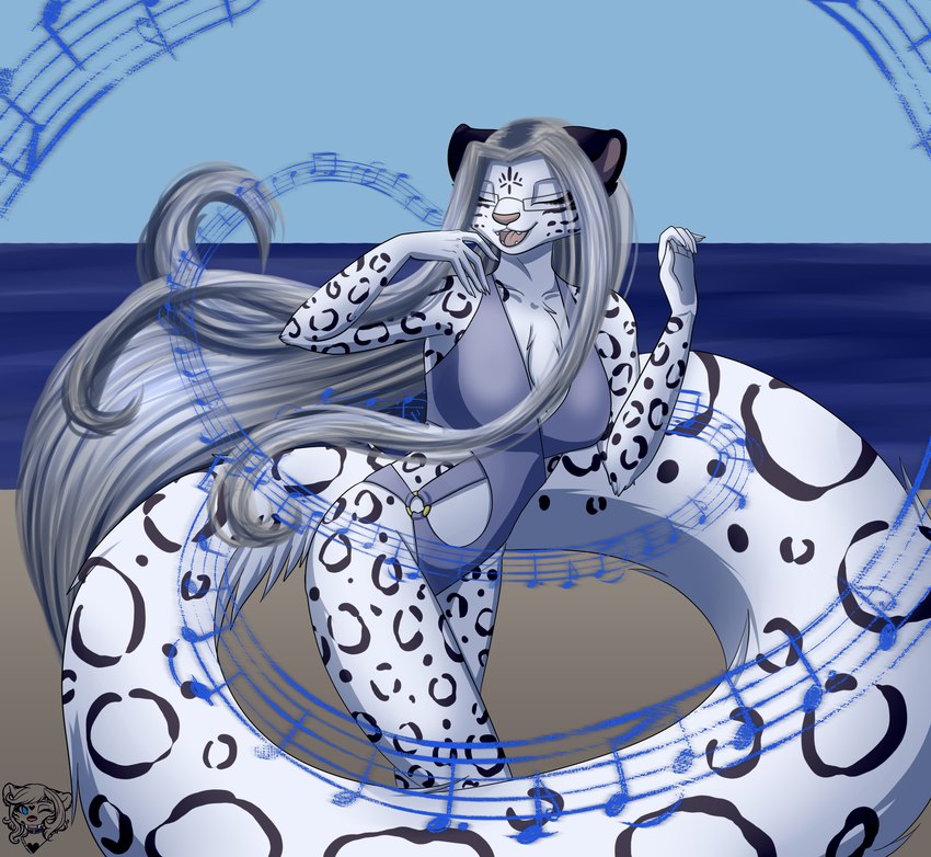 anthro beach big_tail clothing eyes_closed eyewear female glasses grey_hair hair long_hair long_tail musical_note musical_symbol open_mouth solo swimwear symbol tail water wearing_glasses medicatedcannibal titania_(chromatic_bard) felid mammal pantherine snow_leopard absurd_res hi_res trans_(lore) trans_woman_(lore)