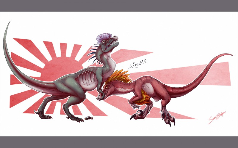 ambiguous_gender dialogue duo feral japan rising_sun rising_sun_flag simple_background tail text oliverfox dilophosaurid dilophosaurus dinosaur dromaeosaurid prehistoric_species reptile scalie theropod velociraptor 16:10 english_text hi_res letterbox widescreen