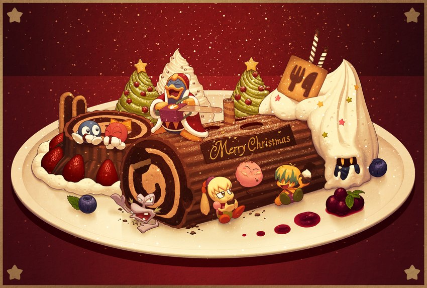 :d >:o abstract_background accessory age_difference ambiguous_gender angry anthro bald barefoot beak big_eyes big_food black_eyes blonde_hair blue_body blue_skin blueberry_(fruit) bow_ribbon cake cape chainsaw christmas_tree clothed clothing coat comically_large_object cookie covered_in_frosting crumbs cutlery dessert detailed_food eating eating_food evergreen_tree eyelashes eyes_closed facial_hair feet female food food_on_face food_on_mouth fork frosting fruit glistening glistening_body glistening_eyes glistening_face glistening_skin gloves grape green_eyes green_hair group hair hair_accessory hair_bow hair_over_eyes hair_ribbon half-closed_eyes handwear happy hat headgear headwear holding_chainsaw holding_food holding_object holding_power_tool holding_tool holding_weapon holiday_message holidays king kitchen_utensils knife knight laugh leaf long_hair looking_aside looking_at_viewer looking_up lying male mask merry_christmas micro mouthful multicolored_hair mustache narrowed_eyes noseless nude older_male on_food on_front on_plate open_mouth overalls overweight overweight_anthro overweight_male pine_tree pink_body pink_skin pink_tongue plant plate ponytail power_tool pupils purple_body purple_skin raised_arm red_background ribbons roll_cake rosy_cheeks round_body round_eyes royalty shadow shirt short_hair simple_background sitting sitting_on_food size_difference small_pupils smile sprinkles squint standing standing_on_food star straps strawberry teeth text tongue tools topwear tree under_food warrior weapon wide_eyed yellow_beak yellow_body yellow_eyes yellow_skin young younger_female younger_male yule_log kapchison christmas kirby's_dream_buffet kirby:_right_back_at_ya! kirby_(series) nintendo escargoon king_dedede kirby lalala lololo meta_knight tiff_(kirby) tuff_(kirby) whispy_woods alien arthropod avian bird gastropod humanoid insect mollusk penguin snail unknown_species waddling_head 2022 detailed english_text hi_res widescreen brother_(lore) brother_and_sister_(lore) sibling_(lore) sister_(lore) twins_(lore)