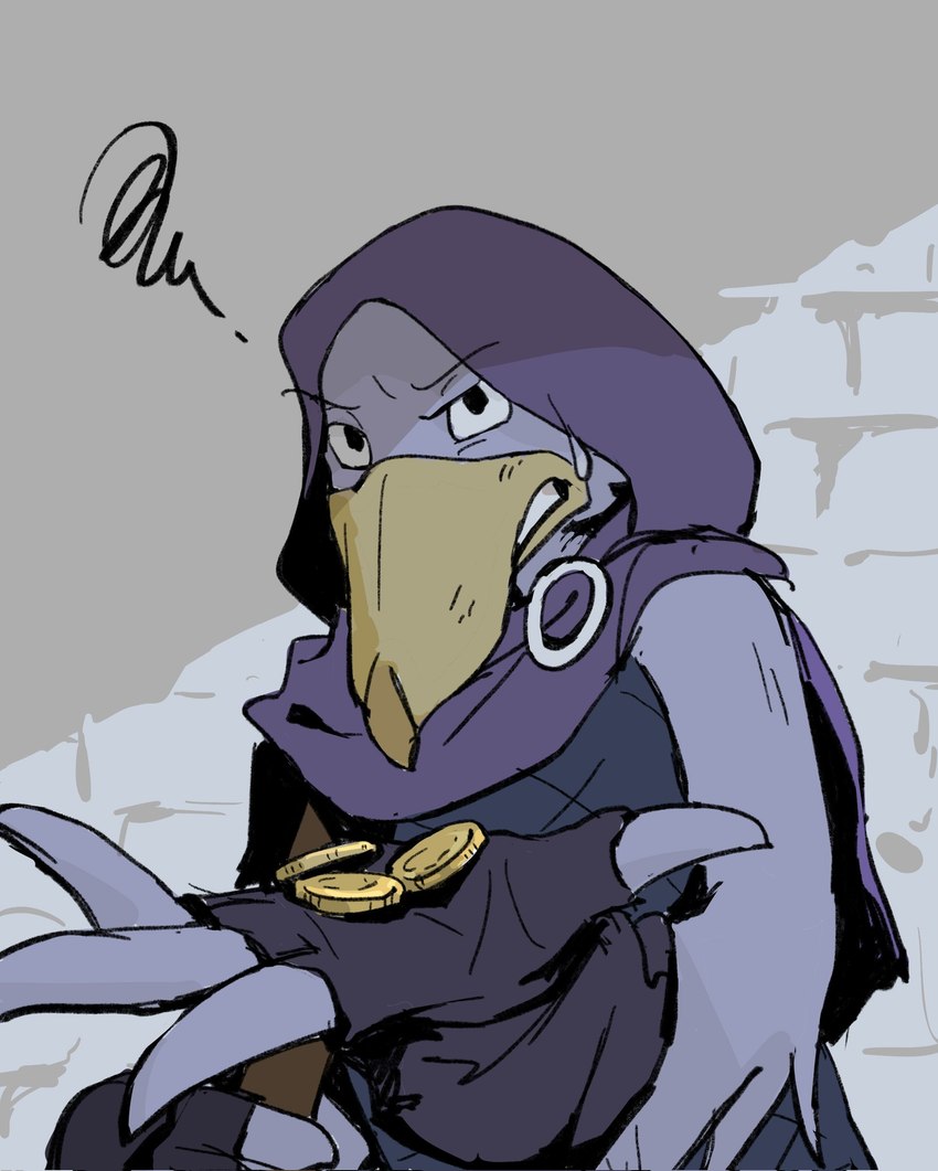 anthro beak clothed clothing coin gloves handwear hood looking_at_viewer male medieval_clothing medieval_fantasy money offering_money purple_body solo crystaltaco7 foretales volepain_(foretales) avian bird stork hi_res