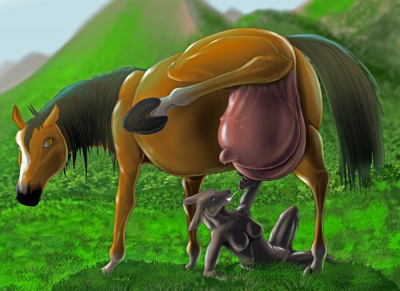 anthro big_teats blurred_background bodily_fluids detailed_background drinking drinking_milk duo female female/female feral grass huge_teats lactating larger_female milk nude one_leg_up plant projectile_lactation raised_leg size_difference smaller_female teat_milking teat_nursing teats udders milvusb equid equine horse kangaroo macropod mammal marsupial hi_res