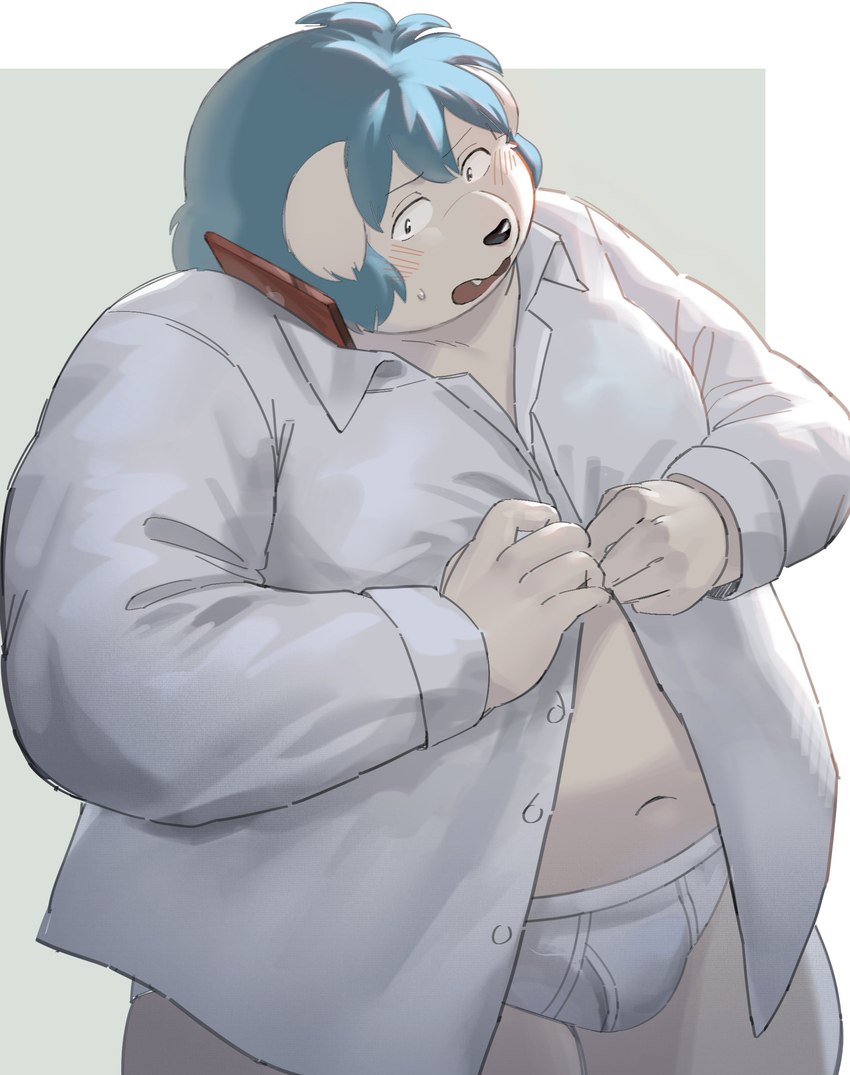 anthro belly blue_hair blush cellphone clothing electronics hair humanoid_hands kemono male navel overweight overweight_male phone shirt smartphone solo topwear underwear sv_grart canid canine canis domestic_dog mammal 2024 absurd_res hi_res