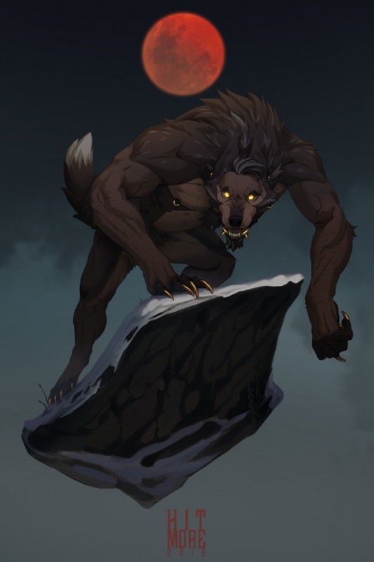 4_toes 5_fingers black_lips black_nose blue_eyes brown_body brown_fur claws digitigrade eclipse feet fingers fur lips lunar_eclipse solo standing teeth toes yellow_eyes hitmore mythology canid canine canis mammal mythological_canine mythological_creature werecanid werecanine werecreature werewolf wolf 2018 digital_media_(artwork) hi_res