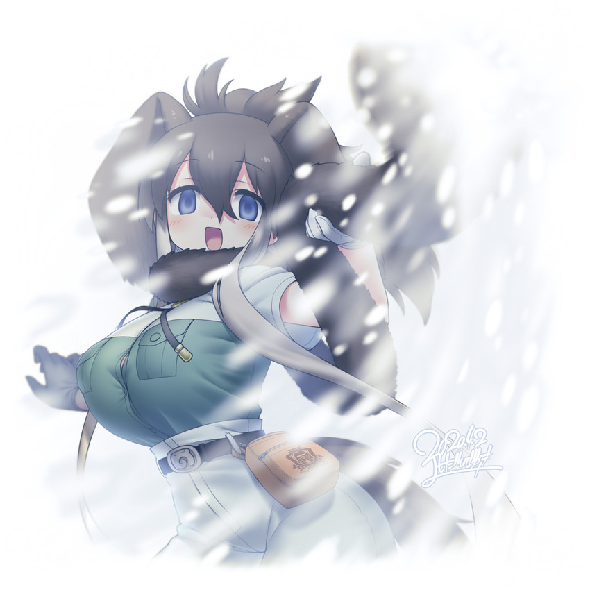 :d bag belt big_breasts blizzard_(weather) blue_eyes blush bottomwear breasts brown_hair clothed clothing female gloves hair handwear multicolored_hair open_mouth pants scarf shirt smile solo topwear white_hair yoshida_hideyuki kemono_friends woolly_mammoth_(kemono_friends) animal_humanoid humanoid mammal mammal_humanoid mammoth_humanoid proboscidean proboscidean_humanoid 1:1 2020 hi_res signature