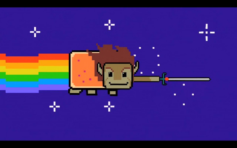 black_bars brown_hair food hair male melee_weapon parody rainbow rainbow_trail solo space sword sword_of_omens weapon unknown_artist nyan_cat_(copyright) pop-tarts thundercats thundercats_2011 lion-o alien felid food_creature hybrid lion mammal pantherine poptart_creature 16:10 letterbox meme widescreen