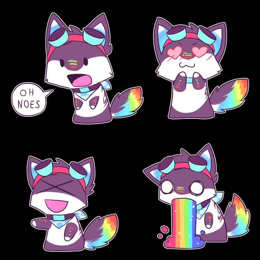 2000s_theme ambiguous_gender black_body black_fur blush chibi dot_eyes eyewear eyewear_on_head feral fluffy fluffy_tail fur gesture goggles goggles_on_head hand_gesture heart_eyes heart_symbol kerchief laugh markings multicolored_body multicolored_fur neckerchief neckwear o_o open_mouth outline pointing rainbow rainbow_body rainbow_fur semi-anthro simple_background simple_eyes solo sparklefur tail technicolor_yawn transparent_background vomiting white_body white_fur white_outline xd arkay9 rabbies_(arkay9) canid mammal 1:1 2020 alpha_channel digital_drawing_(artwork) digital_media_(artwork) flat_colors