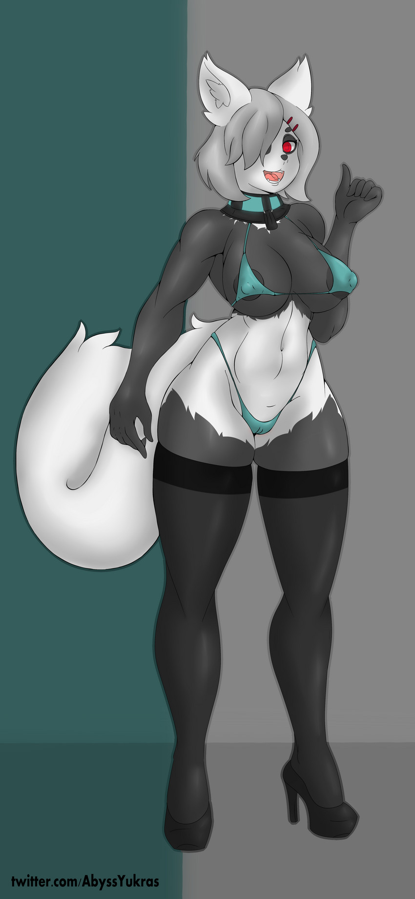 anthro big_breasts bikini breasts camel_toe clothed clothing female fingers footwear grey_hair hair high_heels inner_ear_fluff legwear pupils red_pupils shoes simple_background solo stockings swimwear teeth tongue tuft two-piece_swimsuit yukras_abyss canid canine mammal 6:13 absurd_res hi_res