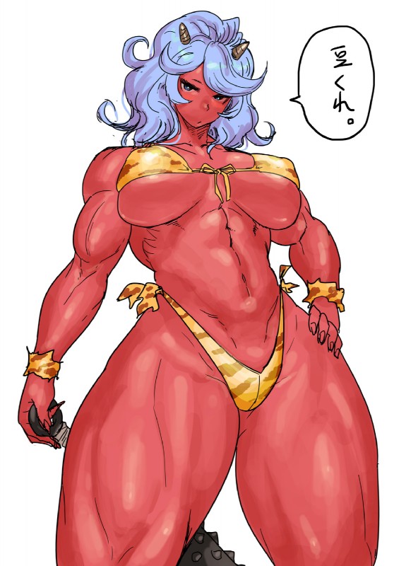 alternative_fashion animal_print biceps big_breasts bikini blue_eyes blue_hair breasts claws clothed clothing club_(weapon) female gyaru hair hand_on_hip highleg highleg_bikini highleg_bottomwear horn j-fashion kanabō long_hair melee_weapon monster_girl_(genre) muscular muscular_female muscular_humanoid nipple_outline not_furry red_body red_skin simple_background solo speech_bubble spiked_club swimwear text thick_thighs tsuyome two-piece_swimsuit under_boob weapon white_background synecdoche asian_mythology east_asian_mythology japanese_mythology mythology demon demon_humanoid horned_humanoid humanoid oni yokai hi_res japanese_text translated