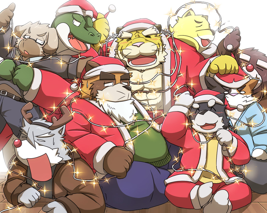 anthro barazoku belly bottomwear brown_body brown_fur christmas_clothing christmas_headwear clothing eyes_closed fur green_body group hat headgear headwear holidays hug kemono male overweight overweight_male pants santa_hat shirt sitting topwear yellow_body yellow_fur emufu christmas santa_claus canid canine canis domestic_cat domestic_dog felid feline felis mammal pantherine raccoon_dog tanuki tiger 2014 5:4