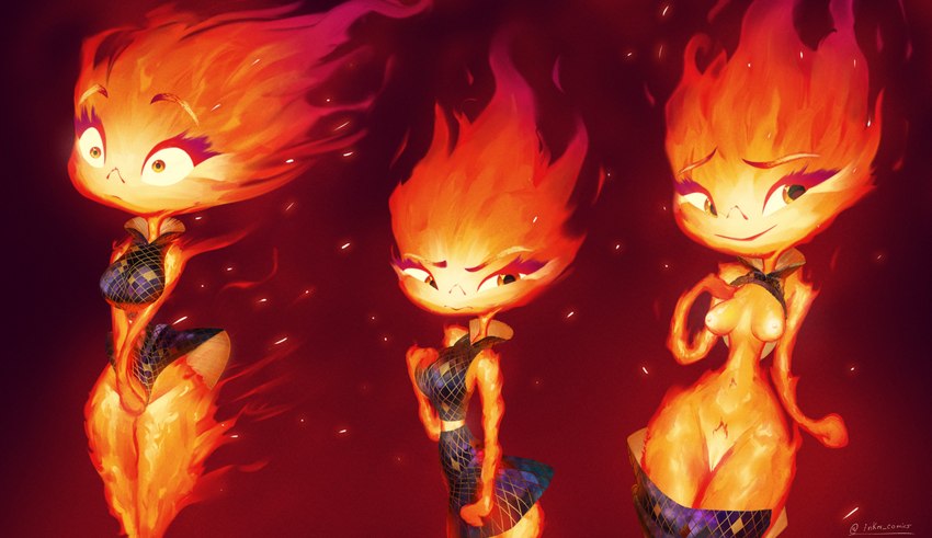 areola breasts clothed clothing female fire genitals nipples not_furry pussy simple_background smile solo text inker_comics disney elemental_(pixar) pixar ember_lumen elemental_creature elemental_humanoid fire_creature fire_humanoid humanoid 2025 absurd_res digital_media_(artwork) hi_res