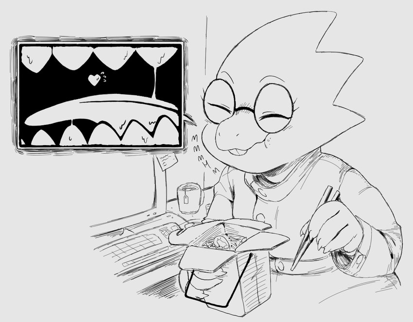 anthro buckteeth chinese_food chopsticks computer electronics extreme_size_difference eyes_closed eyewear female female_pred fully_inside glasses larger_female micro oblivious sharp_teeth size_difference teeth tongue unaware_pred vore emmacat64 undertale_(series) alphys lizard reptile scalie 2022 monochrome