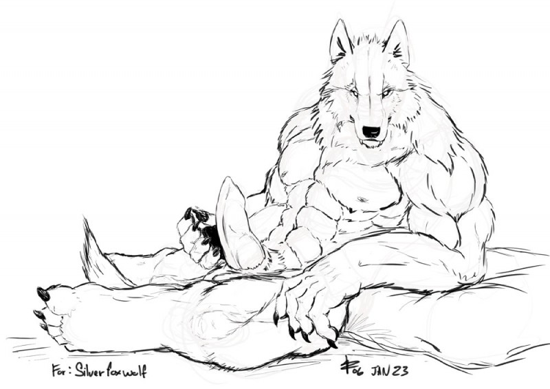 animal_genitalia animal_penis anthro balls biped canine_genitalia canine_penis claws erection genitals inks knot looking_at_viewer male muscular muscular_anthro muscular_male penis sitting solo text rwolf canid canine canis mammal wolf english_text monochrome