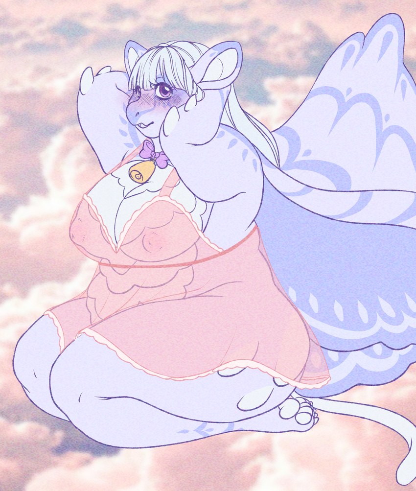 anthro big_breasts big_butt blush breasts butt claws clothed clothing female hair looking_at_viewer neck_bell neck_bow nipples overweight overweight_anthro overweight_female pawpads purple_eyes simple_background smile solo tail thick_thighs wanderingprincess white_hair wings mythology dragon fairy_dragon mythological_creature mythological_scalie scalie 2023 absurd_res digital_drawing_(artwork) digital_media_(artwork) hi_res pastel_theme