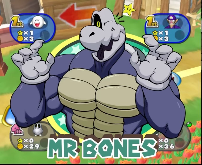 anthro bone clothing gloves handwear looking_at_viewer male muscular muscular_anthro muscular_male one_eye_closed open_mouth pecs shell skeleton solo wink marrowire mario_bros mario_party mario_party_7 mr_beast_(meme) nintendo dry_himbones animated_skeleton dry_bones koopa koopa_troopa scalie undead digital_media_(artwork)