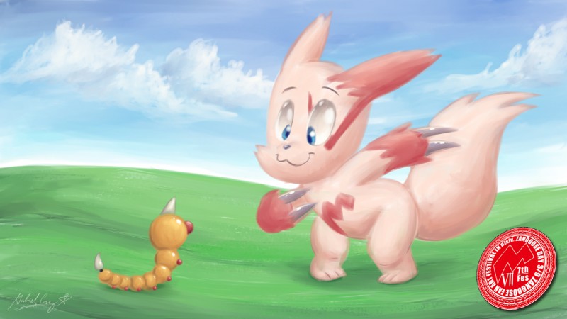 ambiguous_gender anthro duo feral fur markings red_markings white_body white_fur young young_ambiguous young_anthro young_feral cyberpikachu nintendo pokemon zangoose_day generation_1_pokemon generation_3_pokemon pokemon_(species) weedle zangoose 16:9 digital_media_(artwork) digital_painting_(artwork) widescreen