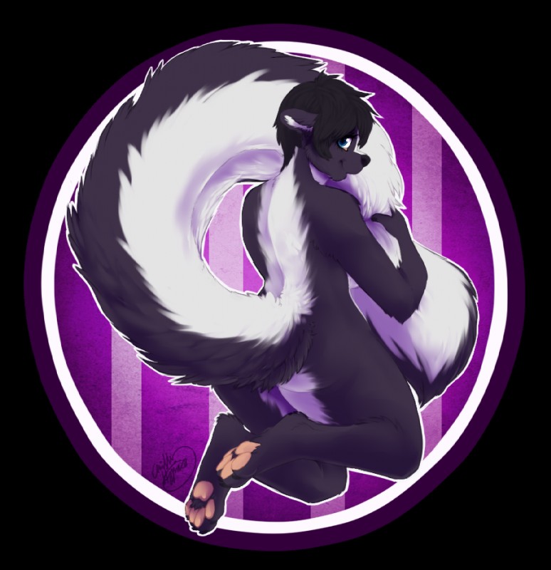 anthro black_body black_fur black_hair blue_eyes breasts butt female fur hair looking_at_viewer looking_back nude paws simple_background smile solo white_body white_fur iflops myris mammal mephitid skunk 2013 alpha_channel