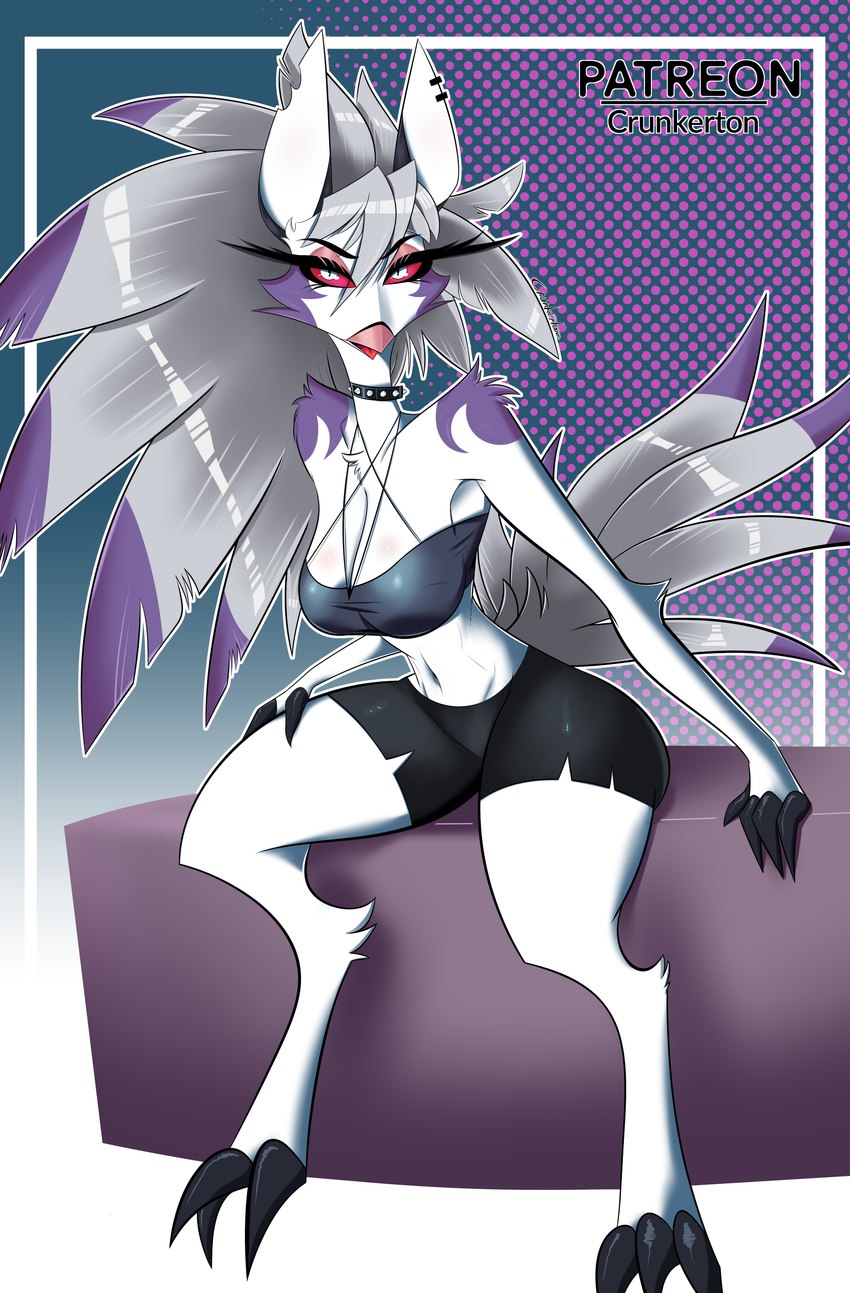 anthro black_bottomwear black_clothing black_shirt black_shorts black_topwear bottomwear breasts clothing collar ear_piercing ear_ring feathers feet female fur fusion hair long_hair multicolored_body multicolored_feathers multicolored_fur multicolored_hair piercing purple_body purple_feathers purple_fur purple_hair red_eyes ring_piercing shirt shorts solo spiked_collar spikes talons toes topwear white_body white_feathers white_fur white_hair crunkerton helluva_boss mythology loona_(helluva_boss) stella_(helluva_boss) avian bird canid canid_demon canine demon hellhound mammal mythological_canine mythological_creature owl owl_demon absurd_res hi_res