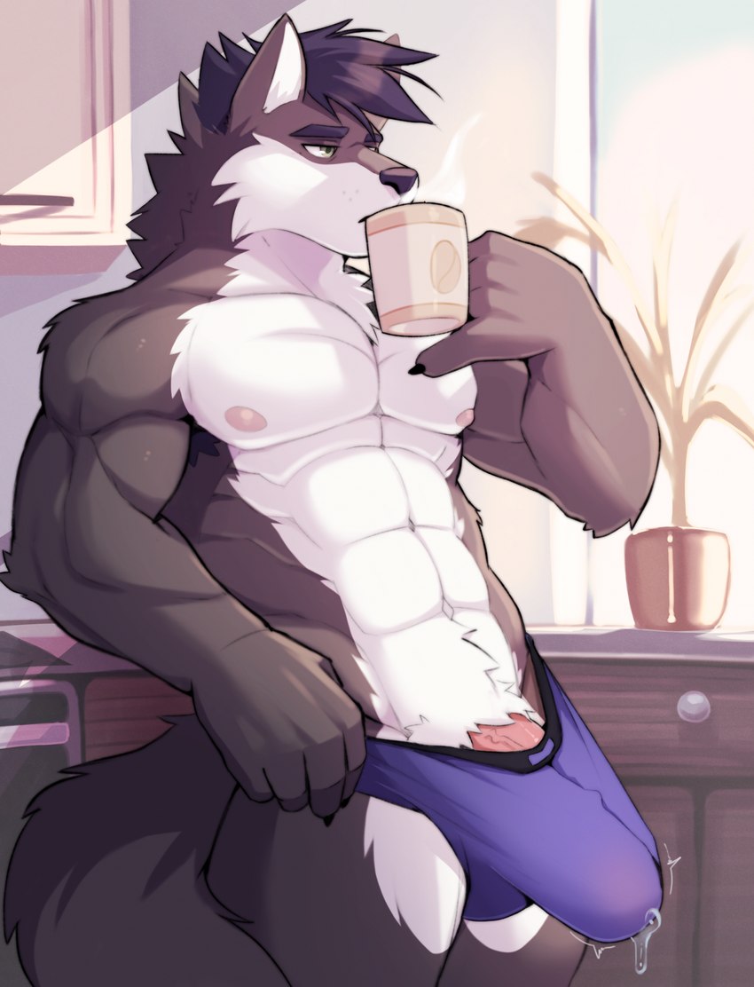 5_fingers anthro areola armpit_hair beverage black_armpit_hair black_body_hair black_claws bodily_fluids body_hair briefs briefs_only bulge casual_erection claws clothed clothed_anthro clothed_male clothing coffee coffee_cup container countershade_face countershade_fur countershade_legs countershade_neck countershade_torso countershading cup drinking erection erection_under_briefs erection_under_clothing eyebrows finger_claws fingers fur genital_fluids genitals green_eyes grey_body grey_fur hair half-closed_eyes holding_beverage holding_container holding_cup holding_object humanoid_hands inside iris kitchen light male male_anthro morning morning_wood multicolored_body multicolored_fur muscular muscular_anthro muscular_male narrowed_eyes navel pecs penis penis_base pink_areola pink_penis plant plant_pot pointy_ears potted_plant precum precum_through_clothing prick_ears pupils purple_briefs purple_clothing purple_eyebrows purple_hair purple_nose purple_underwear raised_finger raised_pinky solo tail tenting three-quarter_view topless topless_anthro topless_male two_tone_body two_tone_fur underwear underwear_only vein veiny_penis wet wet_briefs wet_clothing wet_underwear white_body white_countershading white_fur white_inner_ear white_sclera vitaly4321 jayce canid canine canis mammal wolf digital_media_(artwork) hi_res lighting portrait three-quarter_portrait