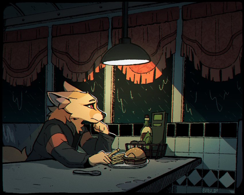 ambiguous_gender anthro burger clothed clothing detailed_background diner food fries inside rain_on_window restaurant solo eviex_01 canid canine mammal 5:4