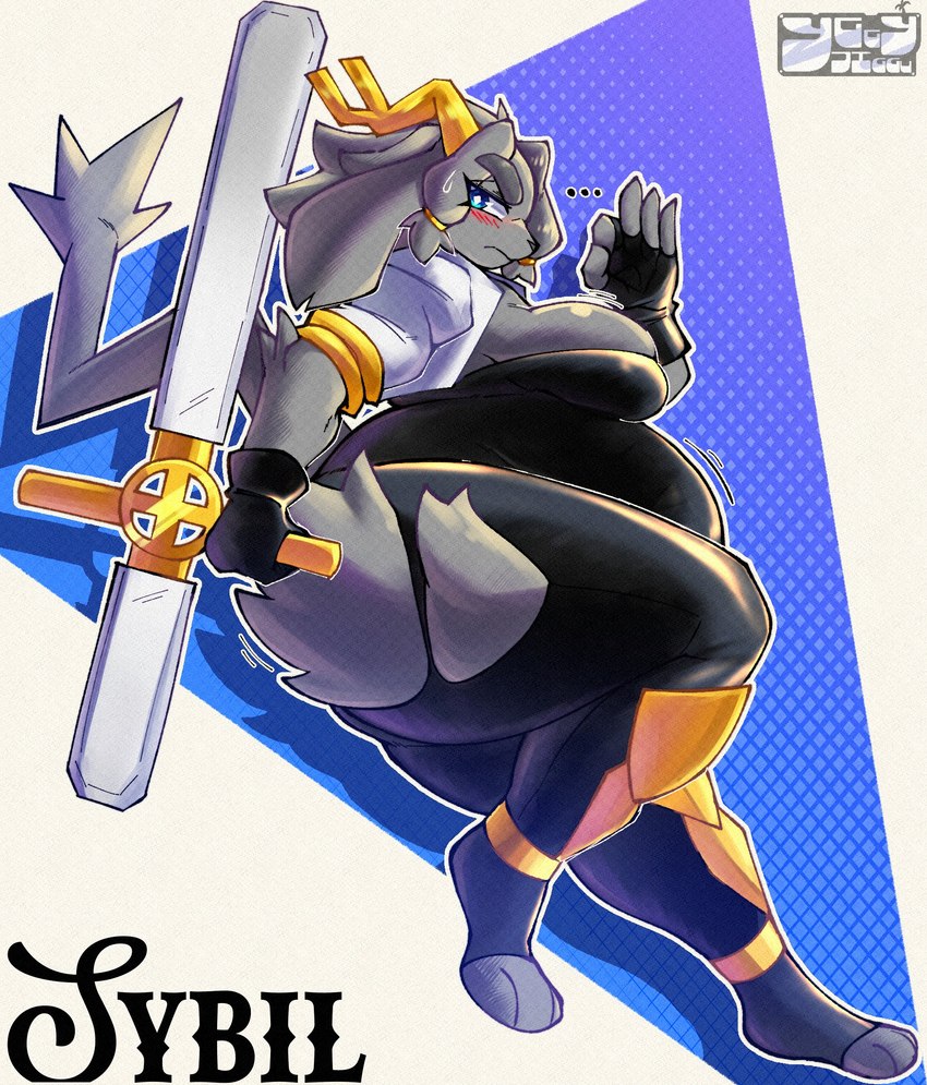 anthro antlers belly blue_eyes bodily_fluids breasts clothed clothing ellipsis embarrassed female fingerless_gloves fur gloves grey_body grey_fur grey_hair grey_tail hair handwear holding_object holding_weapon horn overweight overweight_anthro overweight_female pose side_belly solo sweat sweatdrop tail torn_clothing wardrobe_malfunction weapon yellow_antlers yggyjiggu pseudoregalia sybil_(pseudoregalia) bovid caprine goat hybrid jackalope lagomorph mammal 2024 digital_media_(artwork) full-length_portrait hi_res portrait signature