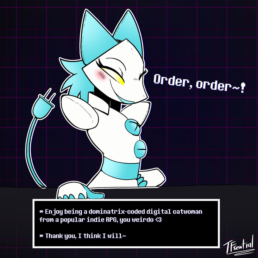 after_transformation anthro black_background blue_hair blush disembodied_hand female gender_transformation hair inner_monologue plug simple_background solo text textbook thinking transformation yellow_eyes tf-sential deltarune undertale_(series) tasque_manager digital_creature felid feline mammal 1:1 english_text hi_res signature