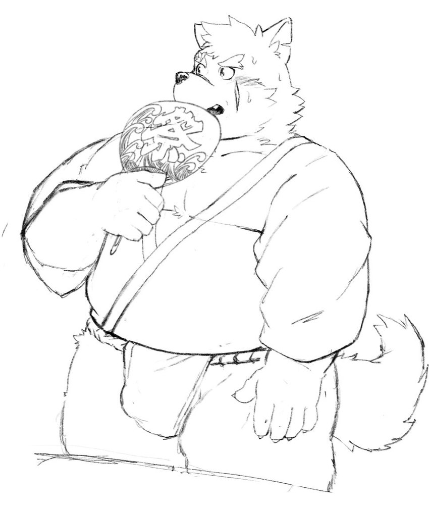 anthro asian_clothing belly bulge clothing east_asian_clothing fundoshi happi_(clothing) japanese_clothing male musclegut muscular paper_fan pecs solo underwear 11768hoshi lifewonders tokyo_afterschool_summoners moritaka_(tas) canid canine canis domestic_dog mammal monochrome sketch