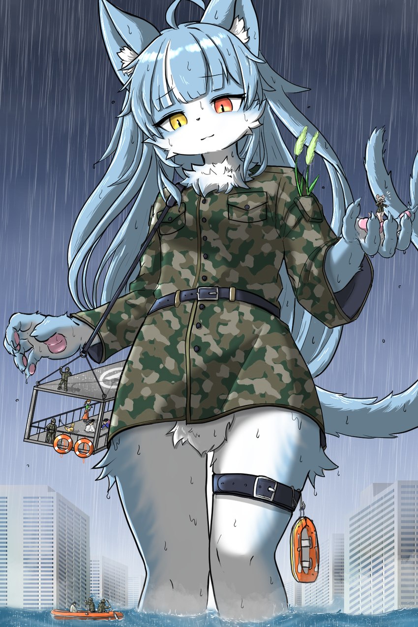 5_fingers ambiguous_gender anthro belt binoculars biped blue_body blue_fur bottomless bottomless_anthro camo camo_clothing camo_print camo_topwear carrying_another cheek_tuft city claws clothed clothing detailed_background extreme_size_difference facial_tuft featureless_crotch female femboy feral fingers flood flooding forked_tail front_view fur gentle_giant hair helpful_macro heterochromia holding_character humanoid_hands inner_ear_fluff kemono larger_humanoid life_ring lifeboat long_hair macro multicolored_body multicolored_fur pattern_clothing pattern_topwear raining rescue rescue_tube size_difference smaller_human smaller_humanoid standing storm swim_ring tail topwear tuft two_tone_body two_tone_fur unusual_anatomy unusual_tail water wet white_body white_fur nekojyaras77 japan_air_self-defense_force hamu_chunchun omaneko_(jasdf) canid canine canis domestic_dog felid feline human humanoid mammal mouse murid murine rodent 2023 2:3 hi_res portrait three-quarter_portrait male_(lore)