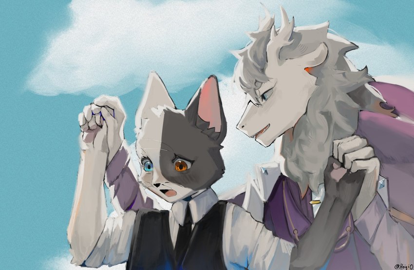 anthro clothing cloud duo hand_holding heterochromia looking_down male male/male necktie purple_clothing sky_background suit_vest heiqi0 fei_ren_zai_(non_human) howl's_moving_castle mythology ao_lie domestic_cat dragon eastern_dragon felid feline felis mammal mythological_creature mythological_scalie scalie hi_res