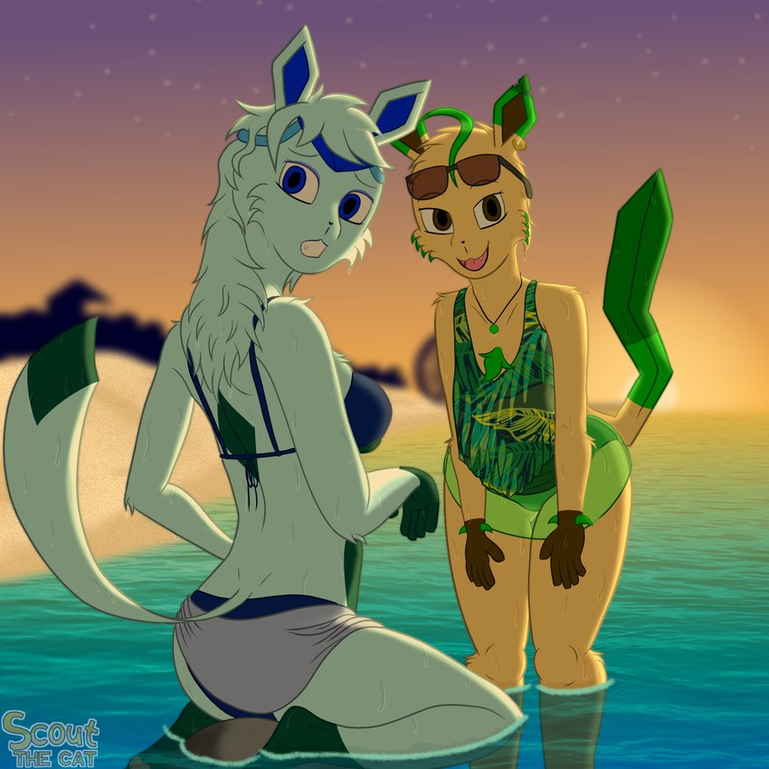 anthro beach beach_background bikini blue_body blue_clothing blue_eyes blue_fur blue_hair bottomwear breasts brown_eyes clothing duo ear_piercing ear_ring eyeliner eyewear female fur green_body green_clothing green_fur hair jewelry makeup necklace one-piece_swimsuit pattern_clothing piercing ring_piercing rock sea skirt small_breasts smile sunglasses sunset swimwear tan_body tan_fur thick_thighs towel towel_wrap two-piece_swimsuit water worried_look scoutthecat02 nintendo pokemon lisa_devellis marissa_reinhart eeveelution generation_4_pokemon glaceon leafeon pokemon_(species) 1:1 absurd_res hi_res