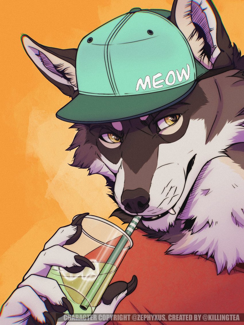 5_fingers anthro clothed clothing container cup drinking drinking_glass drinking_straw fingers fluffy fur glass glass_container glass_cup hat headgear headwear male smile snapback_hat solo teeth text white_body white_fur yellow_eyes killingtea favonius canid canine canis mammal wolf 3:4 digital_media_(artwork) english_text hi_res