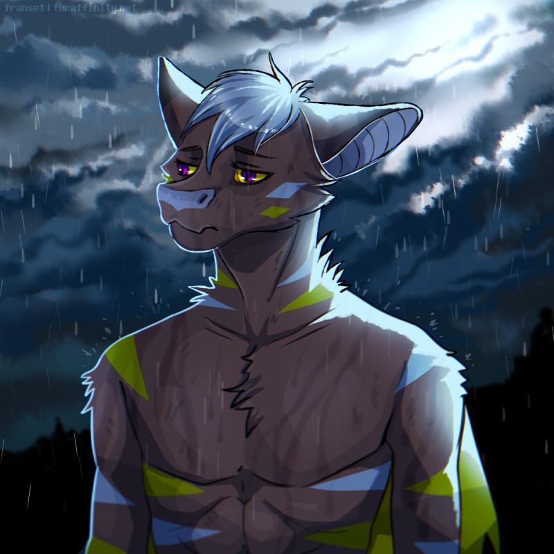 anthro brown_body brown_fur chest_tuft clothed clothing depression fur hair male outside purple_eyes raining sad solo standing stripes topless tuft white_hair wings franset specter_koen bat mammal megabat stripe-faced_fruit_bat 1:1 2018 digital_media_(artwork) hi_res portrait