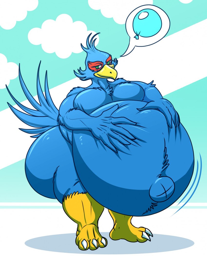 3_toes 5_fingers anthro balloon beak belly belly_tuft big_belly big_butt blue_balloon blue_belly blue_body blue_feathers blue_tail blue_tail_feathers butt claws cloud feathers feet fingers green_eyes hand_on_belly huge_belly huge_butt huge_hips huge_thighs hyper hyper_belly inflatable looking_at_viewer male morbidly_obese morbidly_obese_anthro morbidly_obese_male motion_lines muscular muscular_anthro muscular_male narrowed_eyes navel nude obese obese_anthro obese_male outie_navel overweight overweight_anthro overweight_male pecs shadow simple_background solo speech_bubble standing tail thick_thighs toe_claws toes tuft wide_hips x_navel yellow_beak yellow_feet eggo21 nintendo star_fox falco_lombardi avian bird 2019 digital_media_(artwork) hi_res shaded