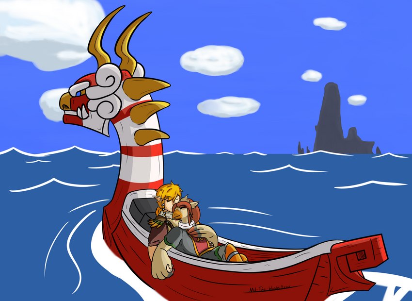 alternate_species anthro boat detailed_background duo female furrification humanoid_on_anthro male outside sea seascape sky vehicle water watercraft mil-the-windmill nintendo the_legend_of_zelda wind_waker king_of_red_lions link medli avian bird humanoid hylian rito absurd_res hi_res