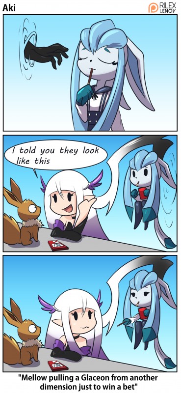 :3 anthro blue_hair clothed clothing dialogue eating eyes_closed female food fully_clothed fur group hair leggings legwear o_o open_mouth pokedex pokemorph portal simple_background surprise text white_hair rilex_lenov nintendo pocky pokemon aki_(rilex_lenov) mellow_(character) demon eevee eeveelution generation_1_pokemon generation_4_pokemon glaceon humanoid mammal pokemon_(species) 2017 absurd_res comic digital_media_(artwork) english_text hi_res