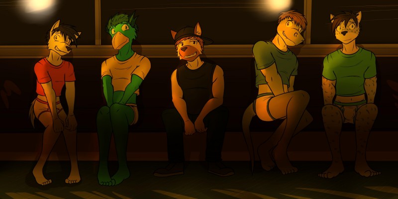 anthro briefs bulge clothed clothing crop_top embarrassed group inside_train male midriff navel public_transportation shirt tank_top topwear train underwear vehicle fuze fuzeyeen gabriel_(fuze) viktor_(fuze) avian canid canine canis felid feline hyena lynx mammal scalie spotted_hyena wolf 2:1 hi_res