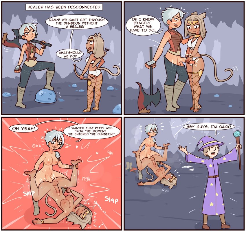 4_panel_comic anal anal_penetration ankle_grab archer axe balls barbarian battle_axe big_penis boots bottomwear breasts clothing collar crown dialogue dot_eyes ear_piercing ear_ring erection fangs fantasy feet footwear fur genitals gold_(metal) gold_collar grey_body grey_fur grey_hair group gynomorph gynomorph/gynomorph gynomorph_penetrated gynomorph_penetrating gynomorph_penetrating_gynomorph gynomorph_penetrating_intersex hair headgear healer heart_symbol human_on_humanoid human_penetrating human_penetrating_humanoid humanoid_feet humanoid_genitalia humanoid_penetrated humanoid_penis humor intersex intersex/intersex intersex_penetrated intersex_penetrating intersex_penetrating_gynomorph intersex_penetrating_intersex interspecies leather leather_clothing leather_topwear leather_vest leg_grab magic_staff magic_user male metal_collar open_mouth open_smile pants penetration penile penile_penetration penis penis_in_ass piercing plantigrade quiver_(object) ring_piercing sandals sex shoes smile sound_effects speech_bubble tan_hair teeth text tiara topwear trio vest white_hair wide_eyed wizard_robe red7cat fah_(superwafflecat) animal_humanoid cat_humanoid felid felid_humanoid feline feline_humanoid human humanoid mammal mammal_humanoid english_text hi_res