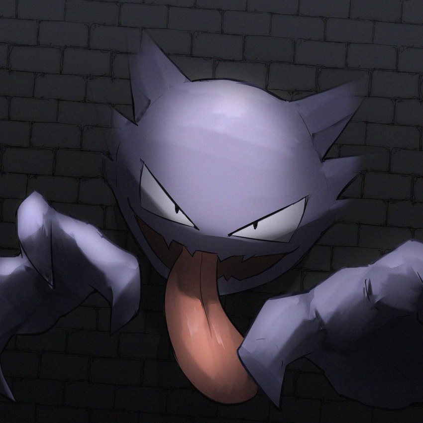 3_fingers ambiguous_gender big_mouth_(anatomy) big_tongue black_eyes brick_wall fingers floating_hands front_view light looking_at_viewer not_furry open_mouth phasing phasing_through_wall pink_tongue purple_body reaching_towards_viewer solo tongue tongue_out wall_(structure) spicyichizo nintendo pokemon generation_1_pokemon haunter pokemon_(species) spirit 1:1 2025 absurd_res hi_res lighting shaded