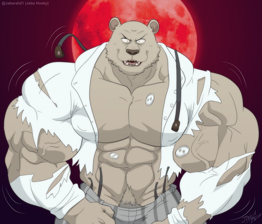 abs anthro biceps big_biceps big_muscles blood_moon body_hair bottomwear clothed clothing dress_shirt flexing flexing_bicep flexing_both_biceps growth happy_trail huge_muscles hyper hyper_muscles male moon muscle_growth muscular muscular_anthro muscular_arms muscular_male navel open_mouth pants pecs pubes shirt simple_background solo suspenders topwear torn_clothing vein veiny_muscles jabuhusky beastars riz_(beastars) bear brown_bear mammal ursine 2024 hi_res signature