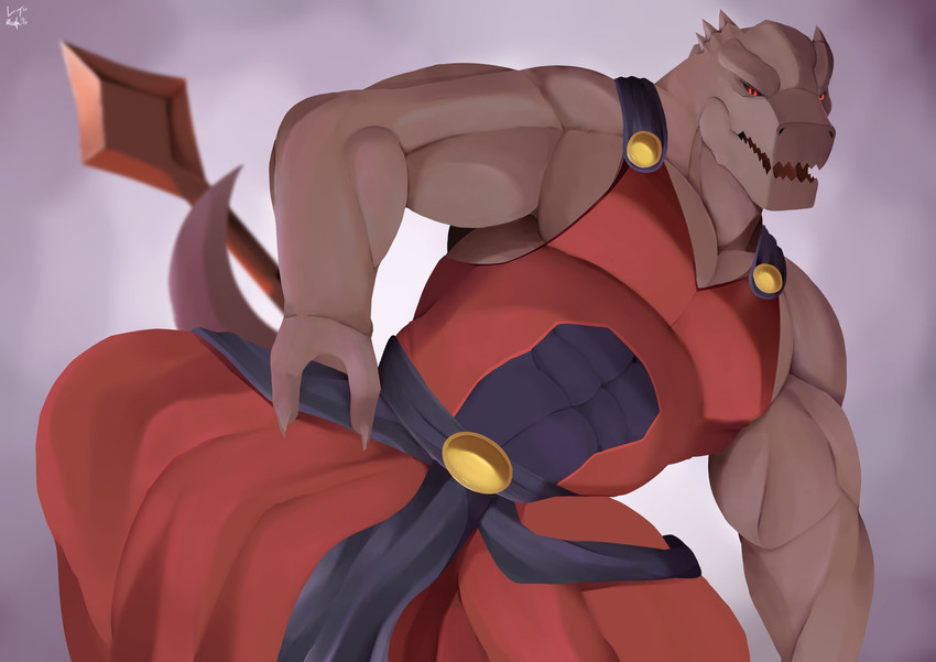 anthro claws clothing male melee_weapon muscular muscular_anthro muscular_male pecs polearm red_eyes solo spear weapon warsyl tower_of_god rak_wraithraiser mammal reptile scalie hi_res