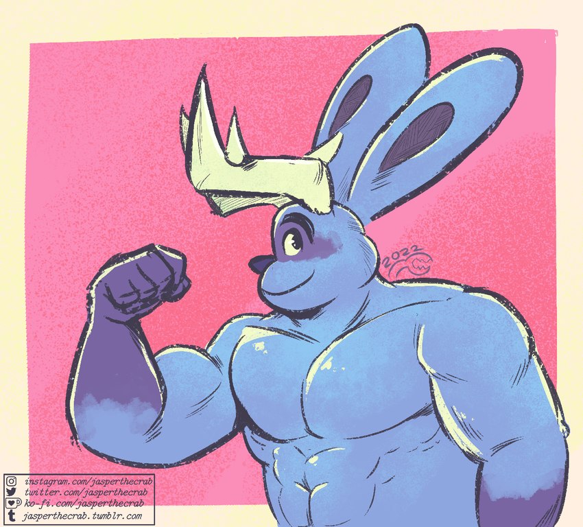 anthro antlers blue_body blue_nose flexing flexing_bicep horn looking_at_viewer male muscular muscular_male shirtless shirtless_male solo jasperthecrab jackalope lagomorph leporid mammal rabbit hi_res