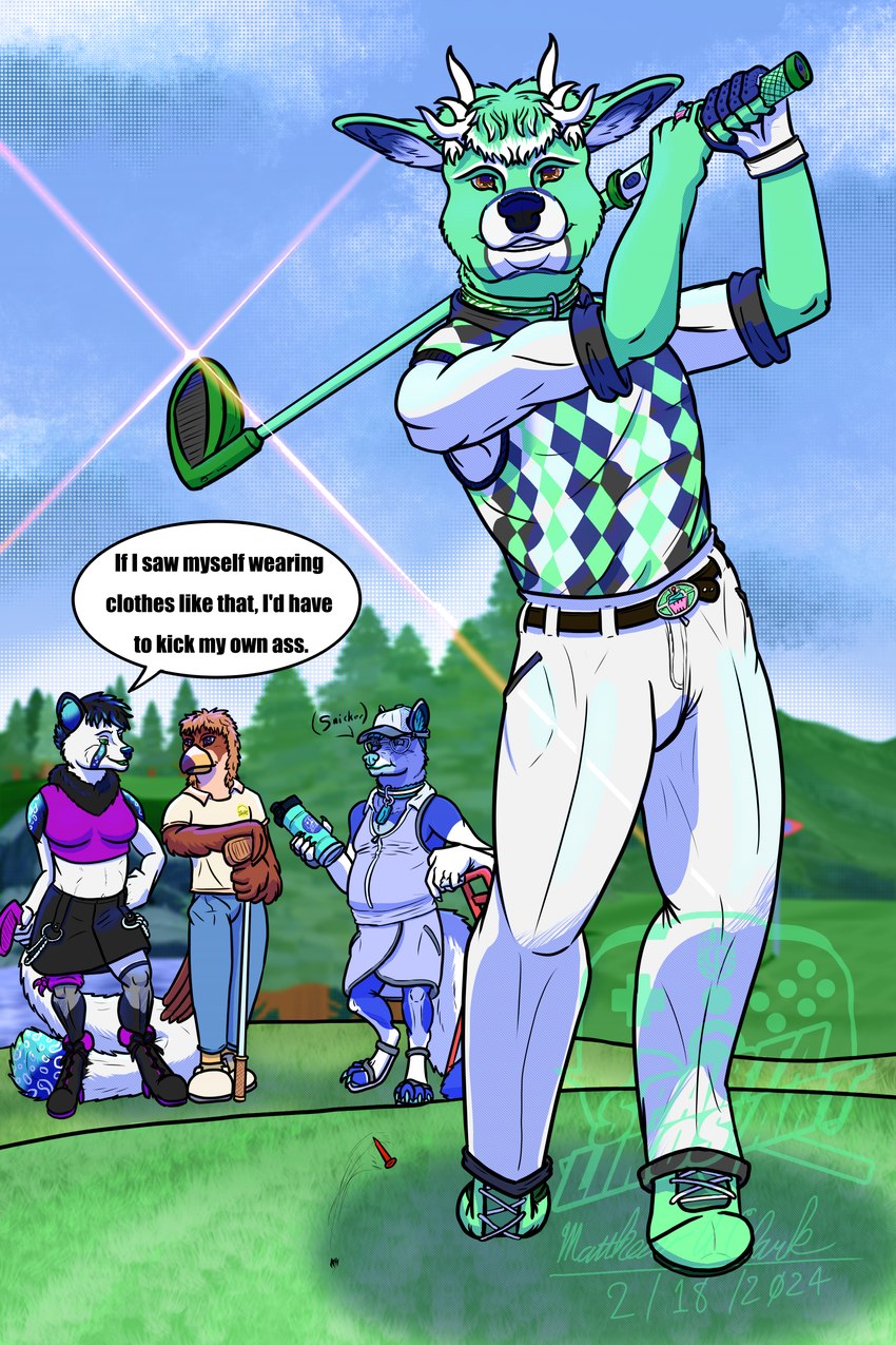 anthro belt belt_buckle blue_body blue_eyes bottle brown_body brown_eyes buckle clothing cloud cloudy_sky collar container female gloves golf golf_course golf_swing golf_tee green_body green_eyes group handwear hat headgear headwear jewelry male outside purple_eyes ring sky speech_bubble sport text water_bottle white_body likosart echoowave minty_(chris05478) torian_(shybird) ailurid avian bird canid canine canis deer falcon falconid mammal new_world_deer peregrine_falcon red_panda white-tailed_deer wolf 2:3 absurd_res english_text hi_res