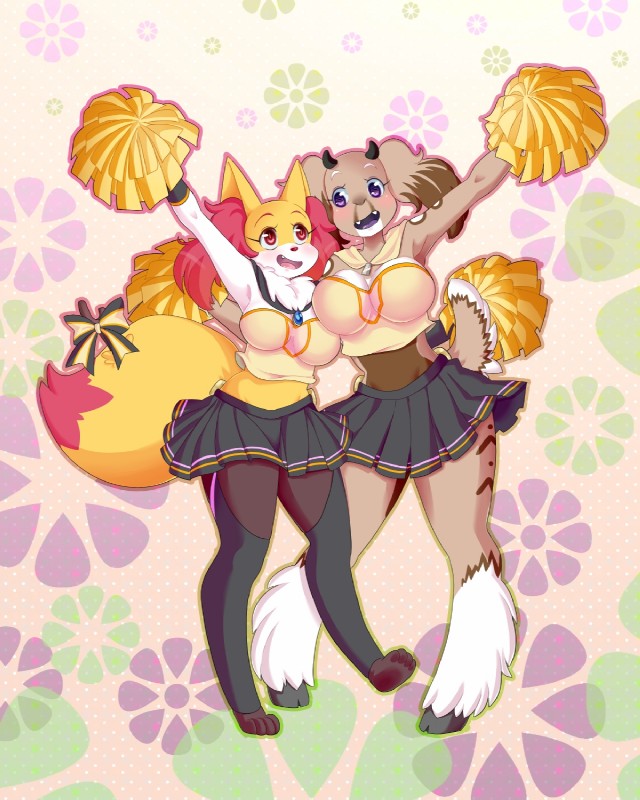 anthro big_breasts bottomwear breast_size_difference breasts brown_body brown_fur cheerleader clothed clothing cosplay duo eyebrows female fur furgonomics horn legwear looking_at_another mane midriff miniskirt pom_poms purple_eyes red_eyes red_nose ribbons scarf simple_background skirt stick tail tail_through_skirt thigh_highs white_body white_fur yellow_body yellow_fur onirin nintendo pokemon vocaloid fan_character megurine_luka meiko_(vocaloid) sally_hazel seraphine_(roflfox) bovid braixen canid canine canis caprine domestic_dog generation_6_pokemon goat hybrid mammal pokemon_(species) 2018 4:5 hi_res