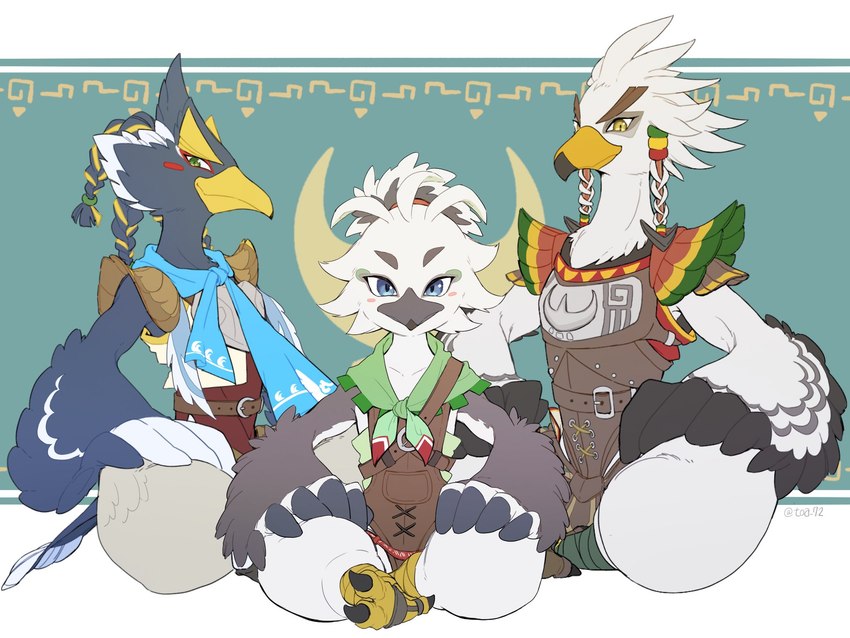 anthro armor beak blue_body blue_eyes blue_feathers braided_pseudo_hair clothed clothing crossed_legs feathers green_eyes group hand_on_leg hand_on_thigh looking_at_viewer male multicolored_body multicolored_feathers scarf sitting smile trio white_body white_feathers wings yellow_eyes young young_anthro young_male toa_72 breath_of_the_wild nintendo tears_of_the_kingdom the_legend_of_zelda revali teba_(tloz) tulin_(tloz) avian bird rito 4:3 hi_res father_(lore) father_and_child_(lore) father_and_son_(lore) parent_(lore) parent_and_child_(lore) parent_and_son_(lore) son_(lore)